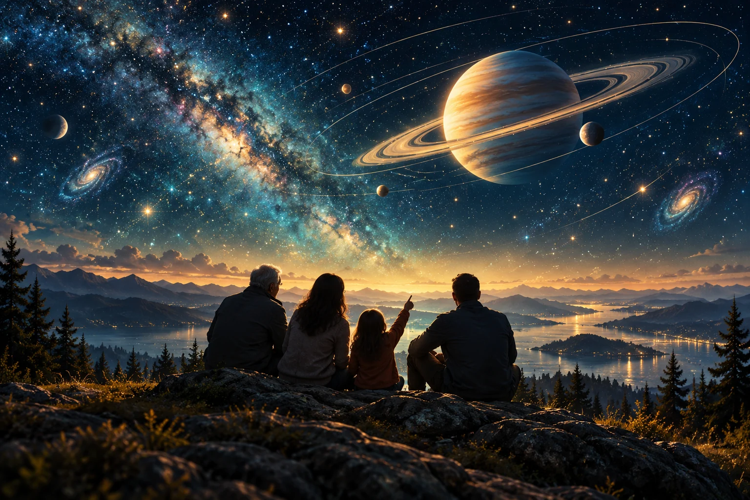 Illustration of several generations discovering a fantastical sky together.